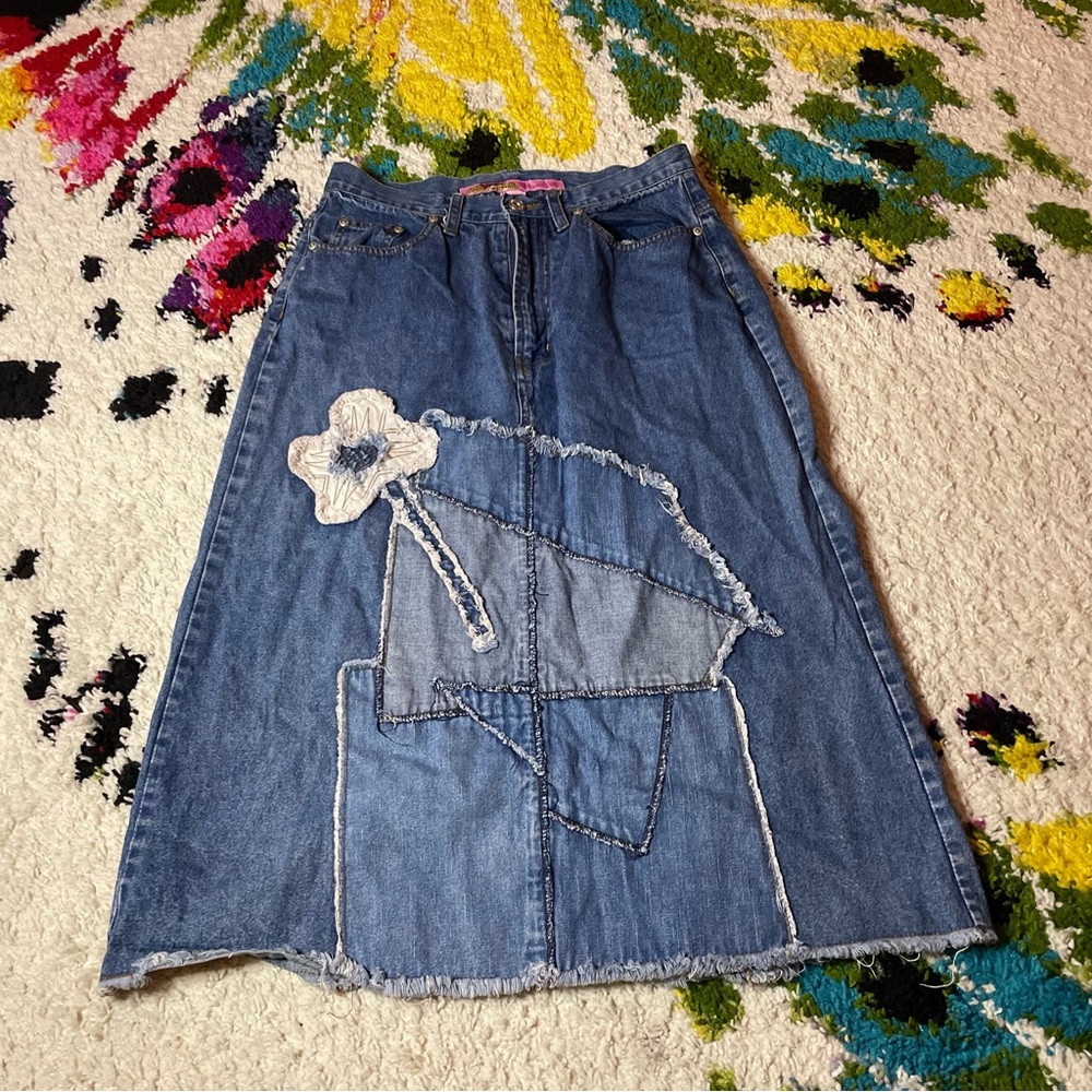 Me and you vintage denim patchwork skirt